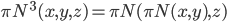 \pi_\mathbb{N}^3(x,y,z)=\pi_\mathbb{N}(\pi_\mathbb{N}(x,y),z)