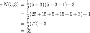 \begin{array} {lcl}\pi_\mathbb{N}(5,3) &=&{{1}\over{2}}(5+3)(5+3+1)+3\\&=&{{1}\over{2}}(25+15+5+15+9+3)+3\\&=&{{1}\over{2}}(72)+3\\&=&39\end{array}